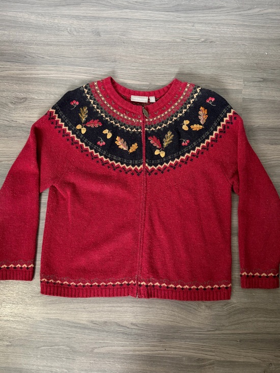croft & barrow Sweaters - croft & barrow Medium Red Zip-Front Autumn Fall Sweater Cardigan with Leaves
